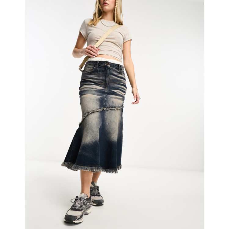 COLLUSION fishtail denim midi skirt with seam detail and pink wash