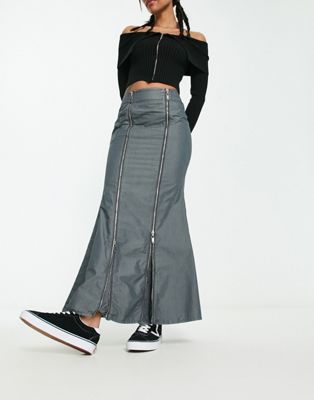 COLLUSION fishtail detail cargo maxi skirt in charcoal