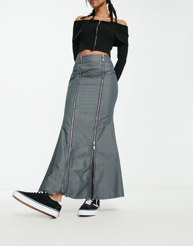 COLLUSION fit and flare zip detail maxi skirt in charcoal