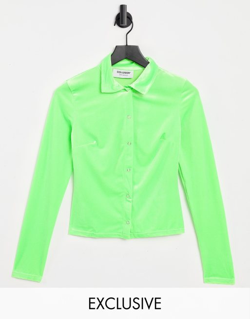 COLLUSION fitted 90s velvet shirt co-ord in neon green