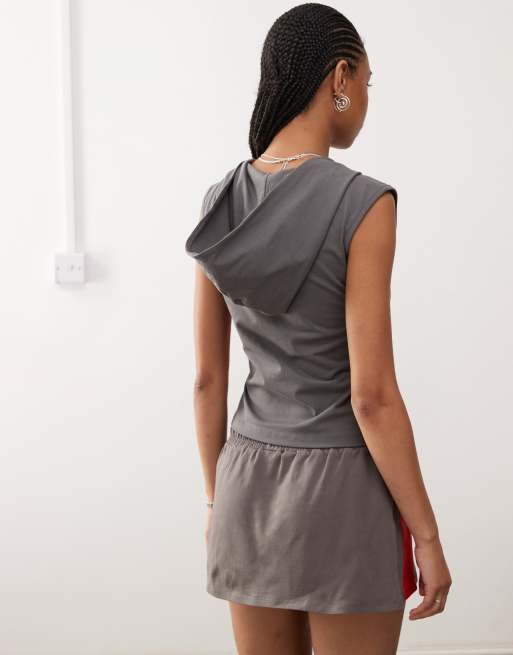 COLLUSION fitted asymmetric zip through hooded moto top with red panel  co-ord in grey | ASOS