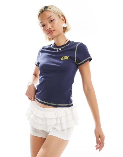 COLLUSION fitted baby tee with sporty graphic and contrast stitch navy