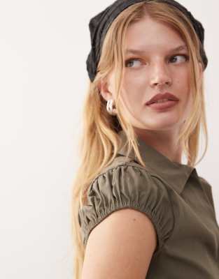 Collusion Fitted Bengaline Cap Sleeve Shirt With Eyelet Front In Green