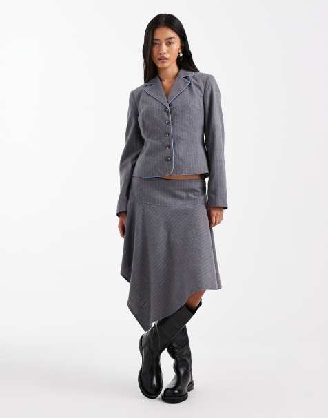 COLLUSION fitted blazer, bandeau top and midi skirt set in gray pinstripe - view 1