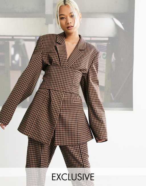 COLLUSION fitted blazer with corset waist detail in brown gingham