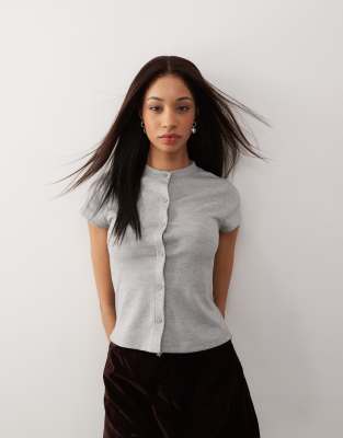 COLLUSION fitted button through baby tee in grey rib