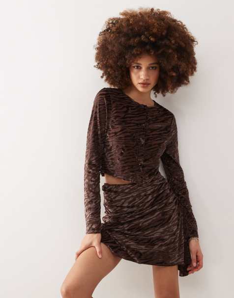 COLLUSION fitted button through top in brown devore co-ord - view 1