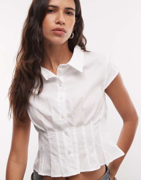 COLLUSION fitted cap sleeve shirt with pleat detail in white - view 1