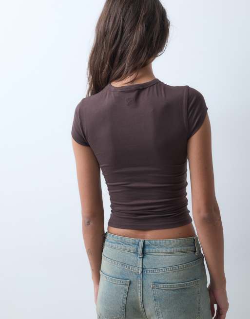 COLLUSION fitted cap sleeve tshirt in brown, 5 of 5
