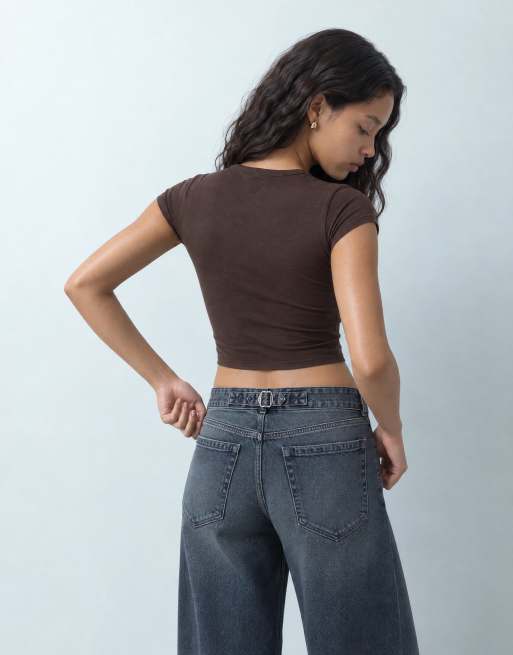 COLLUSION fitted cap sleeve tshirt in brown, 6 of 10