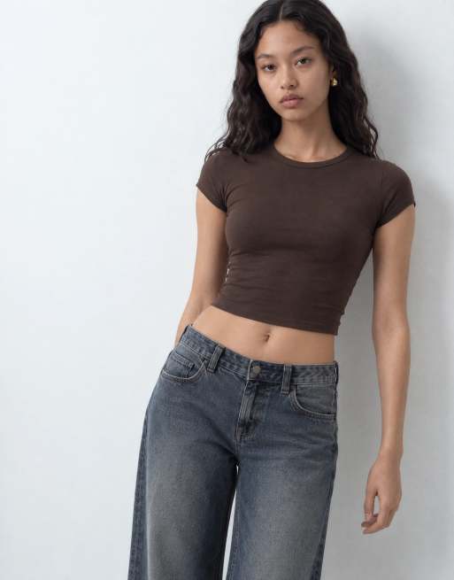COLLUSION fitted cap sleeve tshirt in brown, 8 of 10