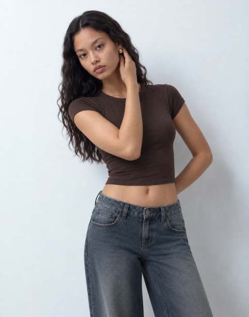 COLLUSION fitted cap sleeve tshirt in brown, 9 of 10