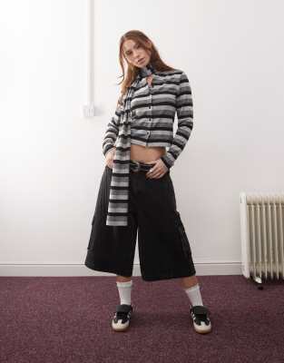 fitted cardigan in fluffy monochrome stripe with scarf-Multi