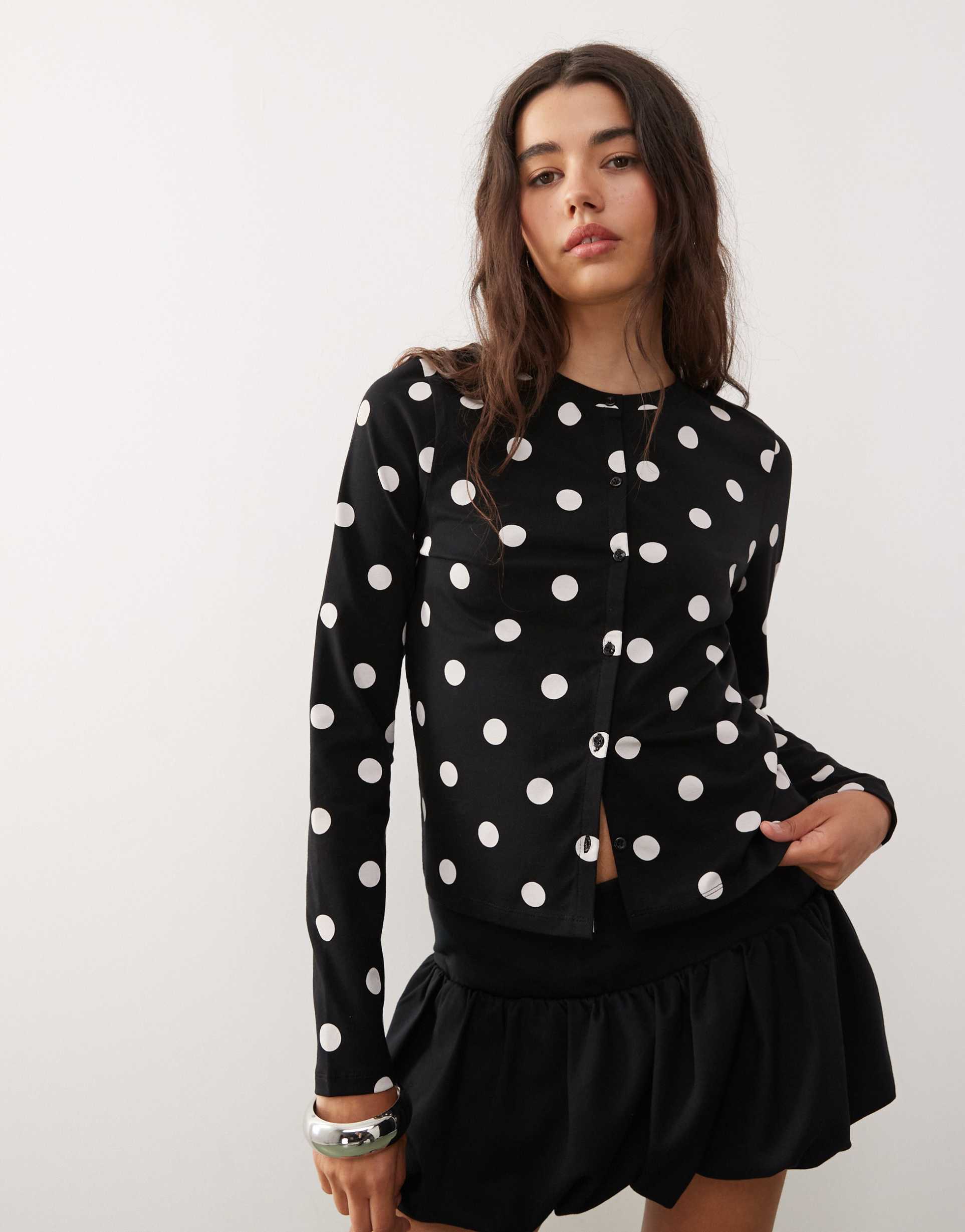 collusion fitted cardigan in polka dot print