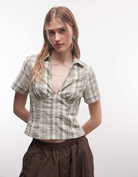 COLLUSION fitted cinched waist shirt in green check - view 1