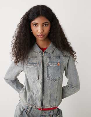 Collusion Fitted Denim Jacket With Double Ended Zipper In Blue