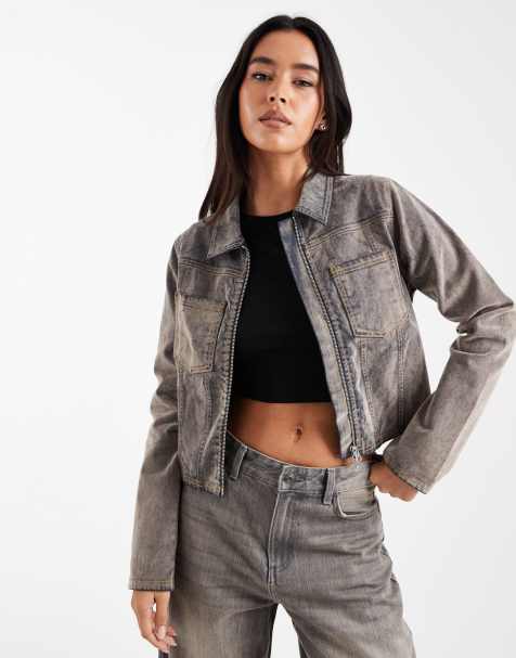 COLLUSION fitted flocked denim jacket with contrast stitching in washed gray - view 1