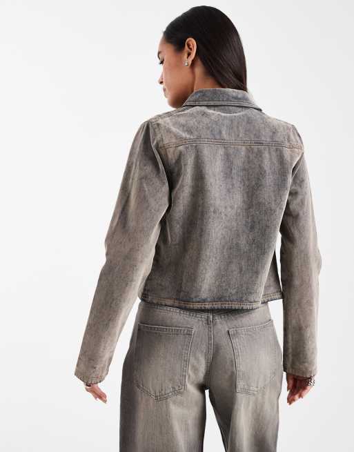 COLLUSION fitted flocked denim jacket with contrast stitching in washed gray, 2 of 4