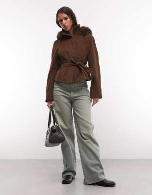 Collusion Fitted Funnel Neck Corduroy Jacket With Faux-fur Hood In Brown