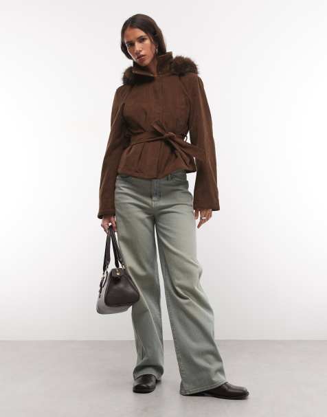 COLLUSION fitted funnel neck corduroy jacket with faux-fur hood in brown - view 1