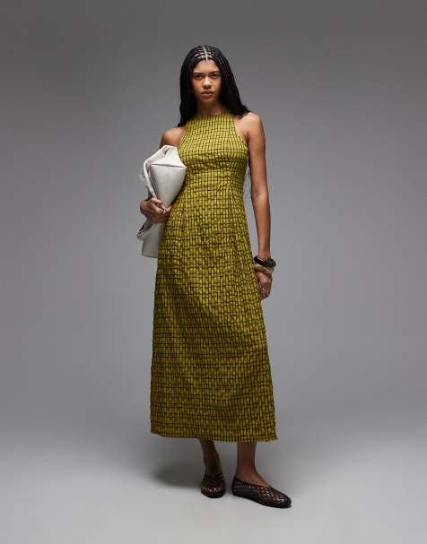 COLLUSION fitted high neck midi dress in green plaid - view 1