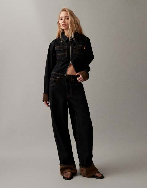 COLLUSION fitted jacket with orange contrast cuffs and mid rise turn up hem jeans in dark blue co ord - view 1