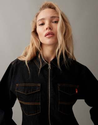 Collusion Fitted Jacket With Orange Contrast Cuffs In Blue