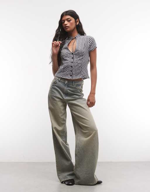 COLLUSION fitted keyhole detail shirt in gray gingham, 2 of 4