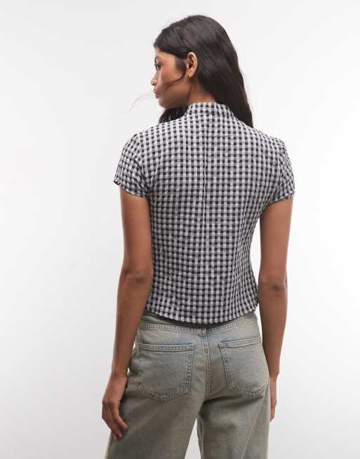 COLLUSION fitted keyhole detail shirt in grey gingham, 4 of 4