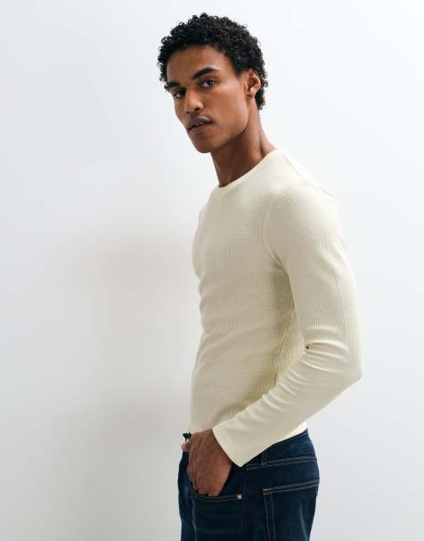 COLLUSION fitted long sleeve muscle t-shirt in waffle in cream - view 1