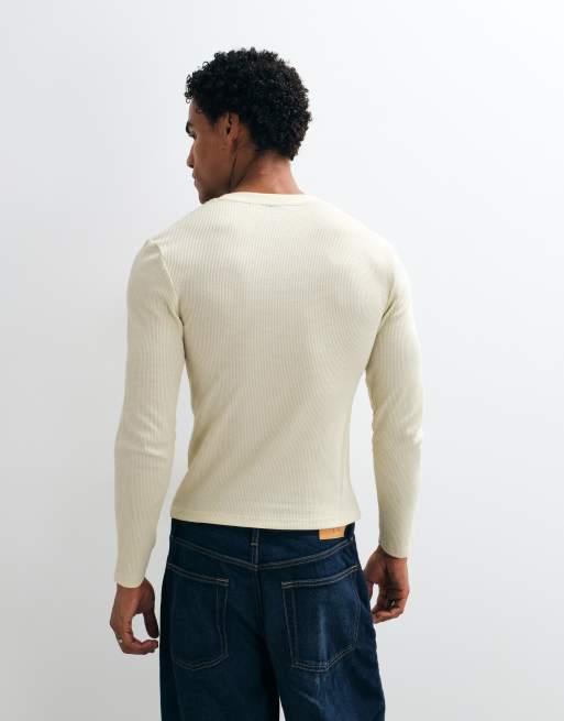 COLLUSION fitted long sleeve muscle t-shirt in waffle in cream, 3 of 5