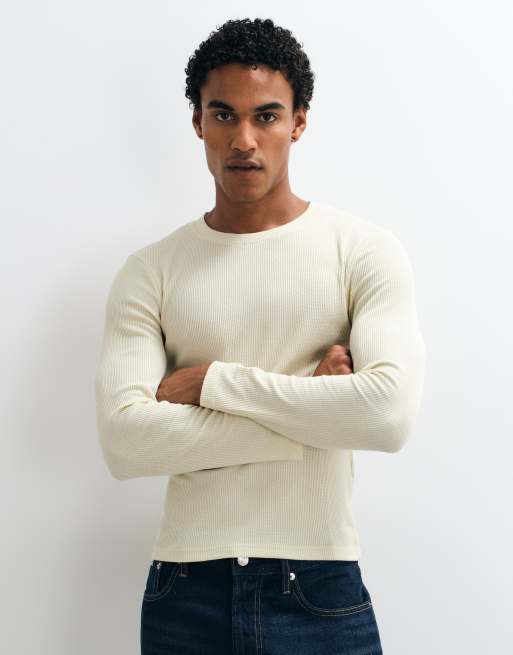 COLLUSION fitted long sleeve muscle t-shirt in waffle in cream, 4 of 5