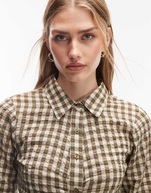 COLLUSION fitted long sleeve shirt in neutral gingham | ASOS