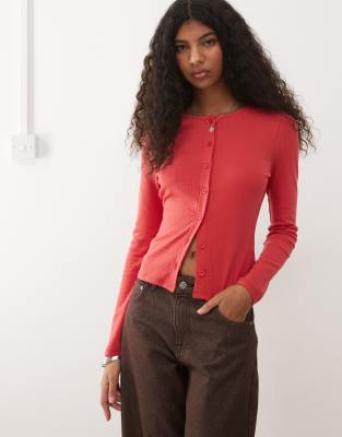 Collusion Fitted Pointelle Cardigan In Red
