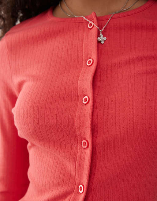 COLLUSION fitted pointelle cardigan in faded red, 2 of 4