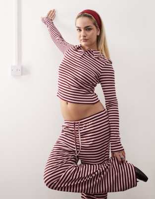 fitted polo top in pink brown stripe-Multi