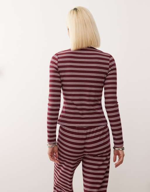 COLLUSION fitted rib cardigan in maroon stripe co-ord