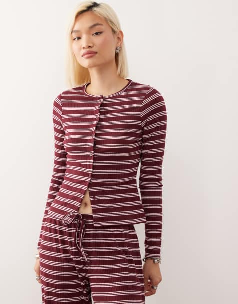 COLLUSION fitted rib cardigan in maroon stripe (part of a set) - view 1