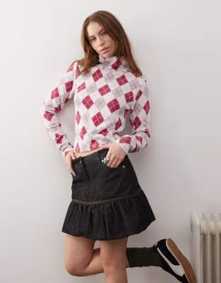 fitted roll neck top in pink retro argyle-Multi