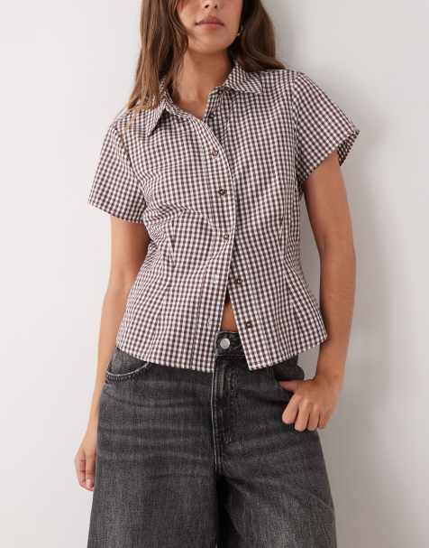 COLLUSION fitted short sleeve gingham shirt in burgundy gingham - view 1