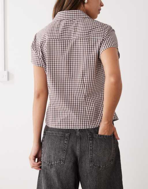 COLLUSION fitted short sleeve gingham shirt in burgundy gingham, 3 of 4