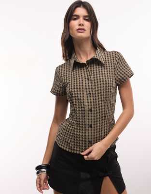Collusion Fitted Short Sleeve Shirt In Brown