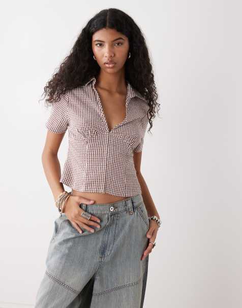 COLLUSION fitted short sleeve shirt in brown gingham - view 1