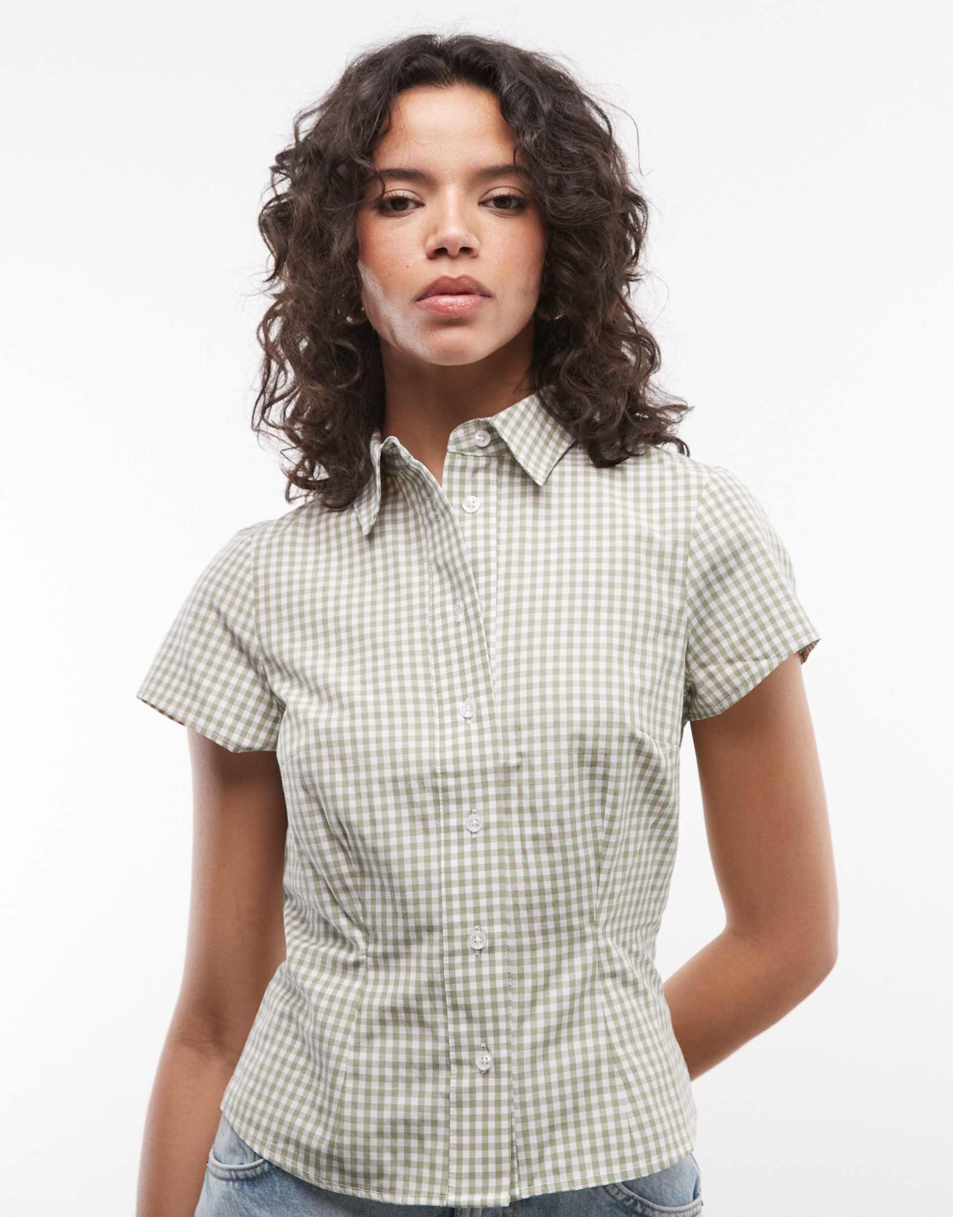 collusion fitted short sleeve shirt in green check