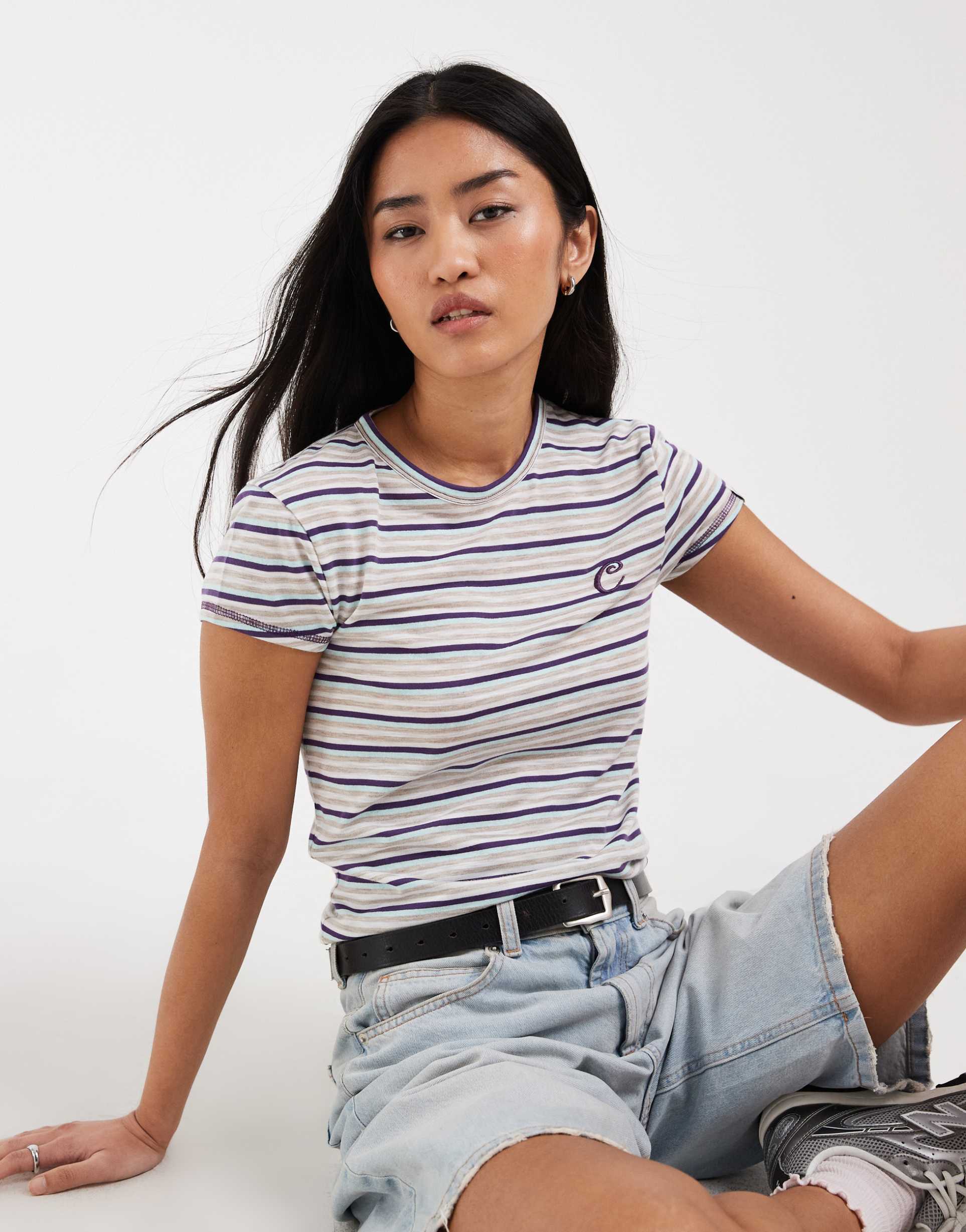 collusion fitted short sleeve tee in navy stripes