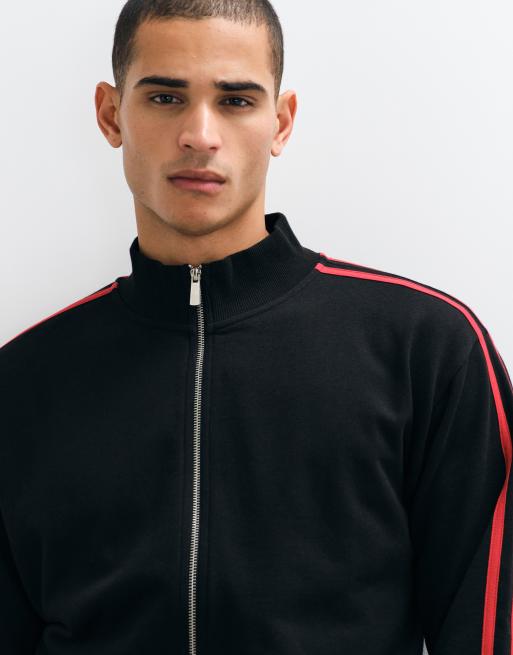 COLLUSION fitted side stripe funnel neck zip up in black, 2 of 5