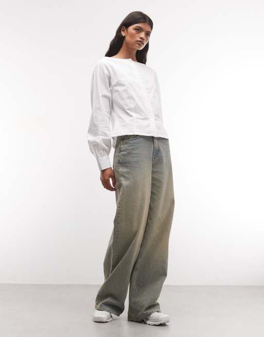 COLLUSION fitted slash neck shirt with balloon sleeve in white, 2 of 4