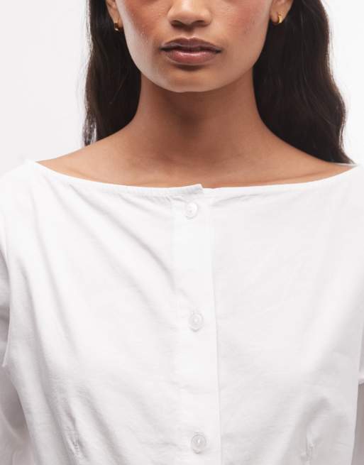 COLLUSION fitted slash neck shirt with balloon sleeve in white, 3 of 4