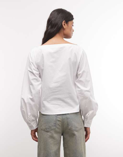 COLLUSION fitted slash neck shirt with balloon sleeve in white, 4 of 4