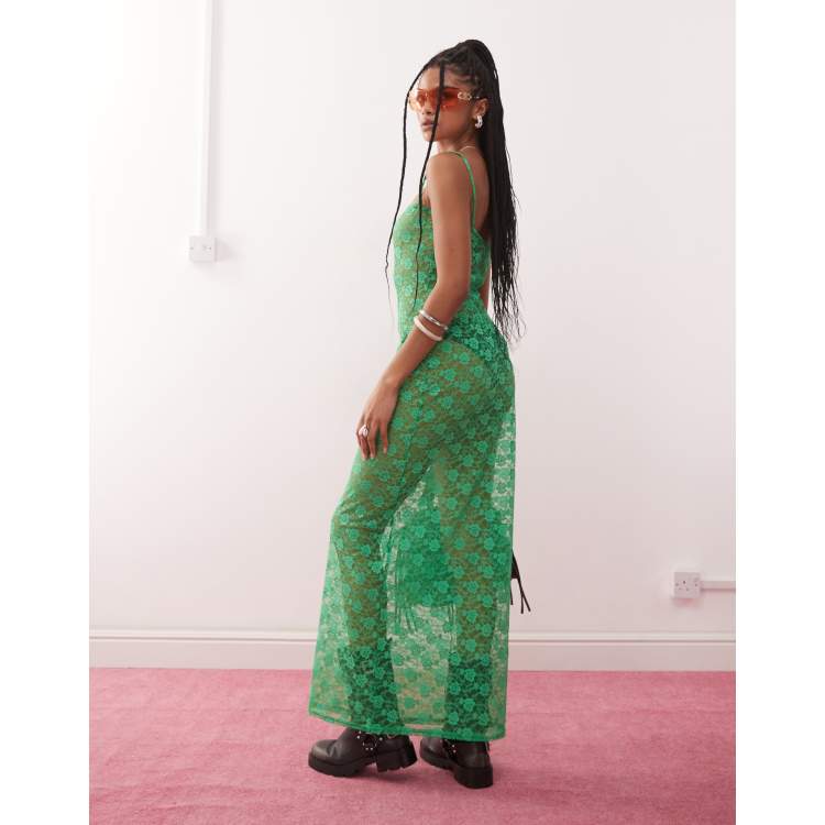 COLLUSION fitted square neck sheer lace maxi dress in green | ASOS